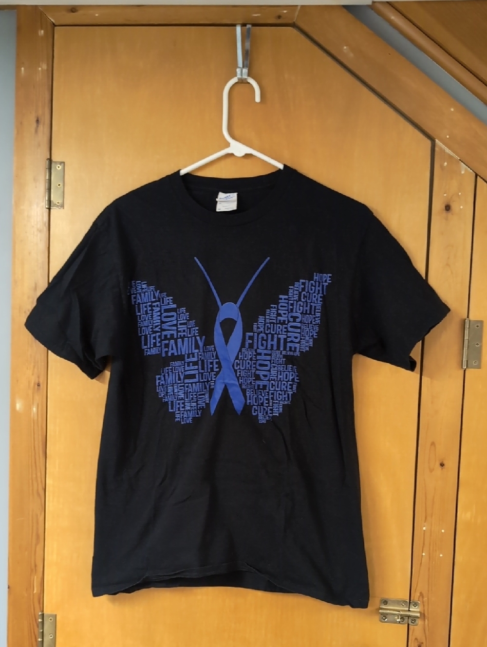 Black Tee with Blue Awareness Ribbon Butterfly Graphic